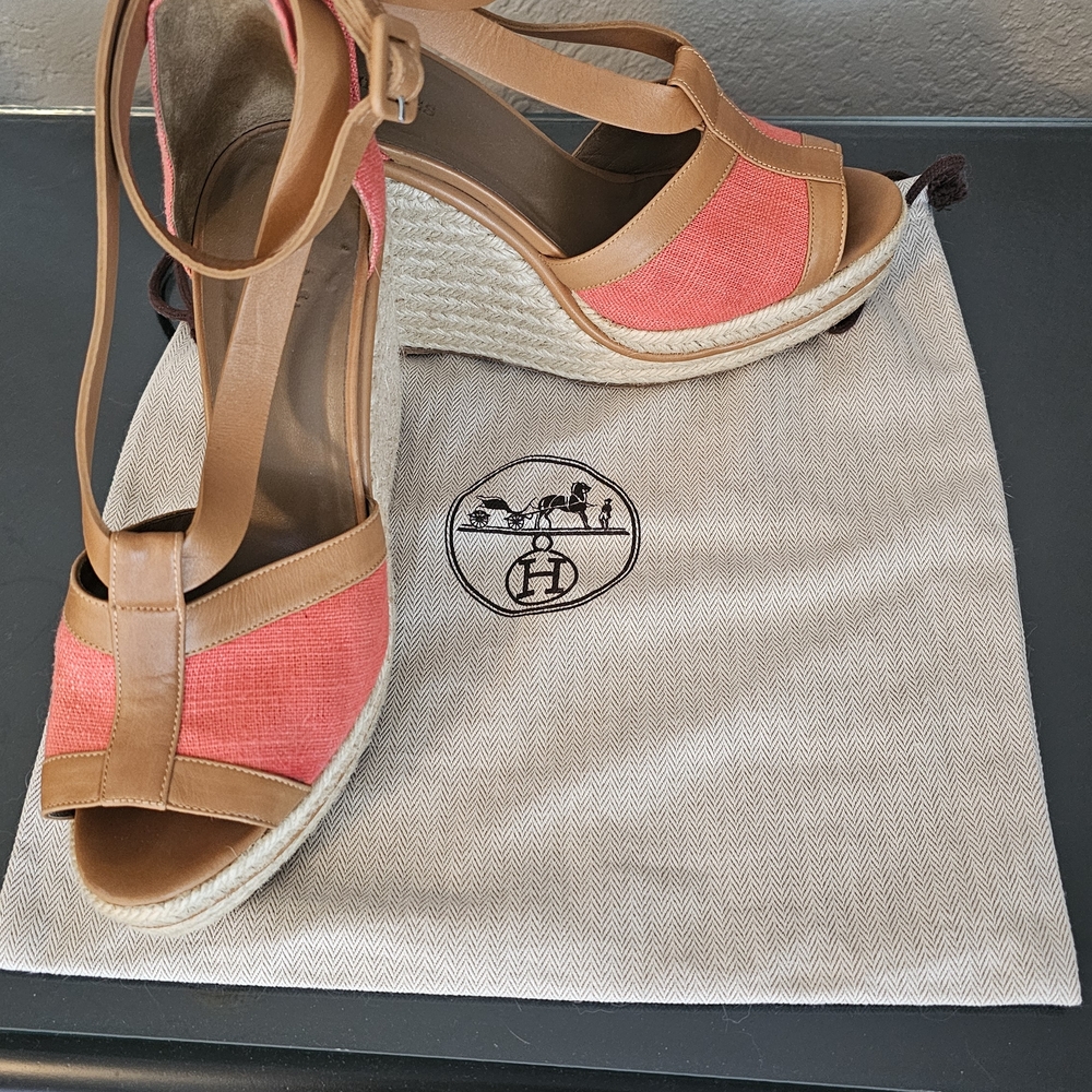 Hermès Pink and Tan Wedge Sandals with Ankle Strap